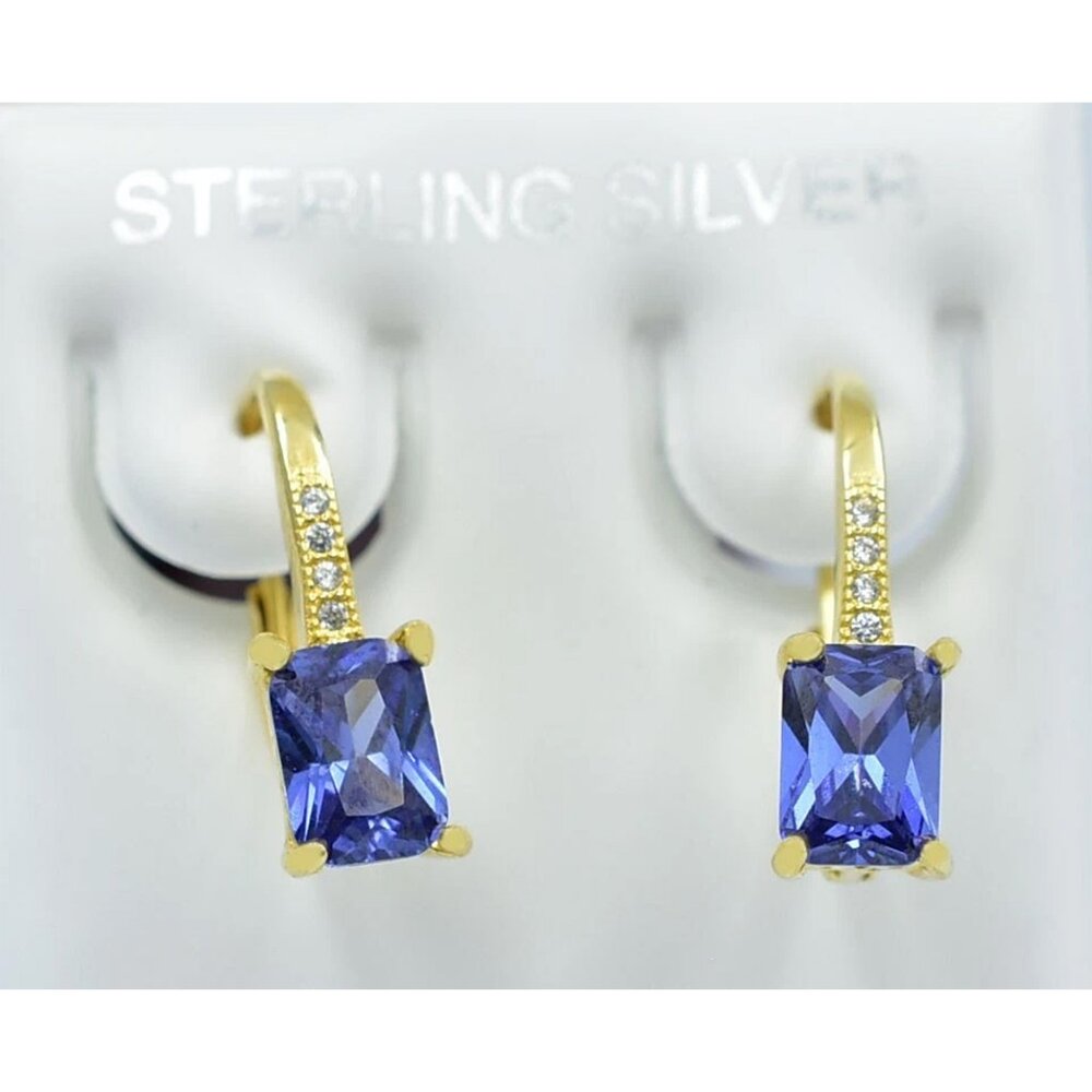 Created AAA 2.20 Cts Tanzanite & W/Sapphire Earrings 14k Gold Plated (.925)